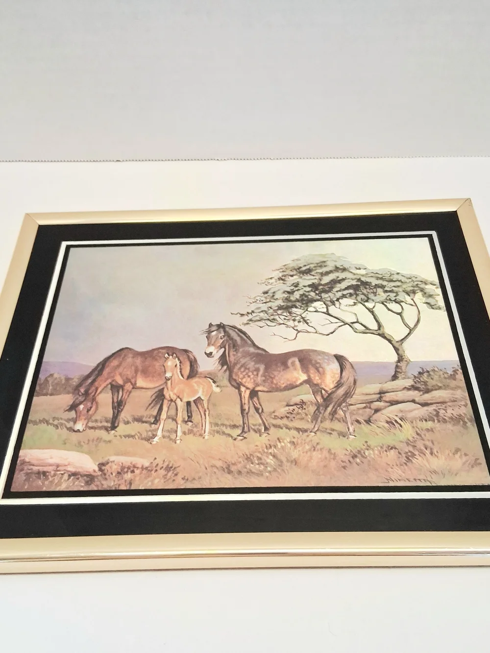 Vintage Ninetta Butterworth Horse Foal Metallic Textured Print Framed Equestrian